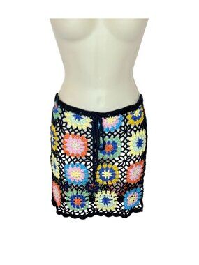 Elan Black Multicolor Crochet Granny Square Mini Skirt NWT - Size M